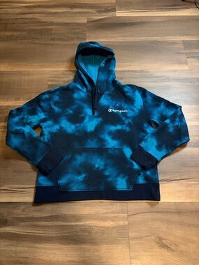 Champion Men's Teal and Navy Tie-Dye Pullover Hoodie Size Medium